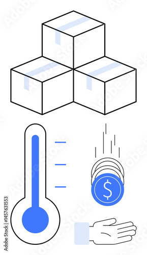 Stacked boxes, thermometer indicating levels, coins falling into an open hand. Ideal for logistics, supply chain, delivery service, cold storage, financial planning, business operations simple