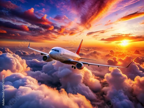 Airplane Sunset Flight: Stunning Aerial View of Jet Above Clouds at Golden Hour