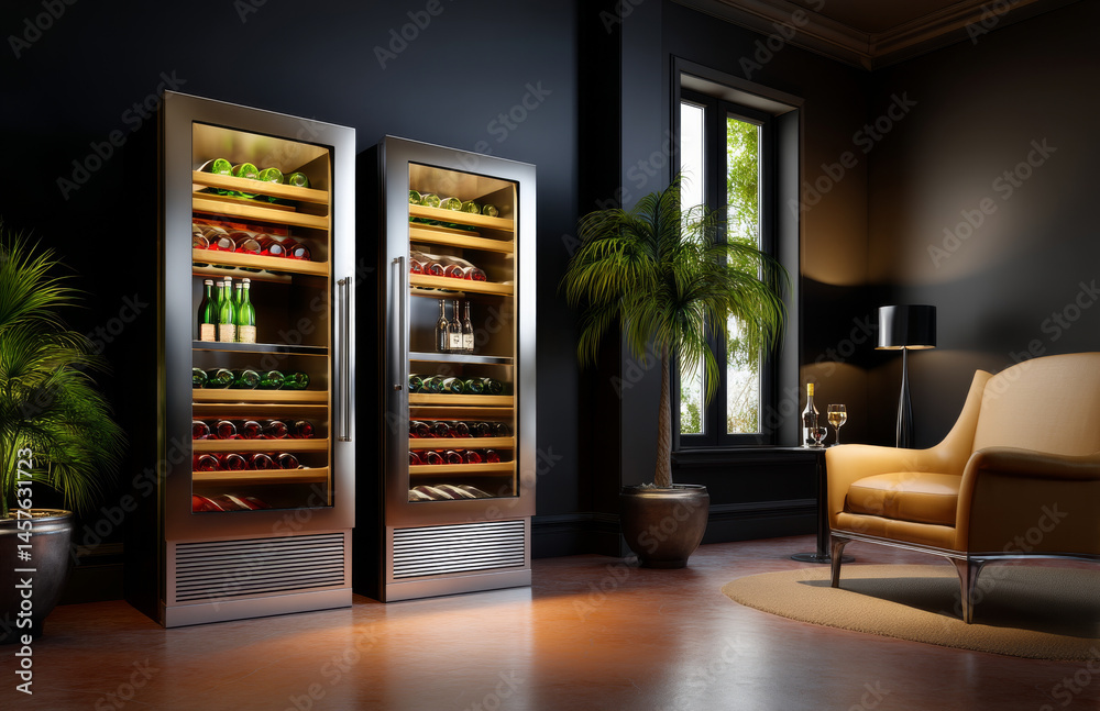 Fototapeta premium Luxurious wine coolers with glass doors showcase array of colorful bottles in stylish room, creating inviting atmosphere