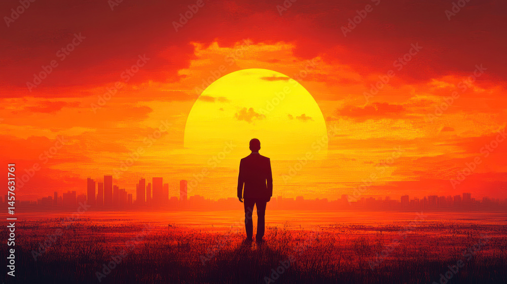 Fototapeta premium A businessman silhouette watching vibrant sunset with large sun and city skyline, evoking calm and reflection in warm orange tones