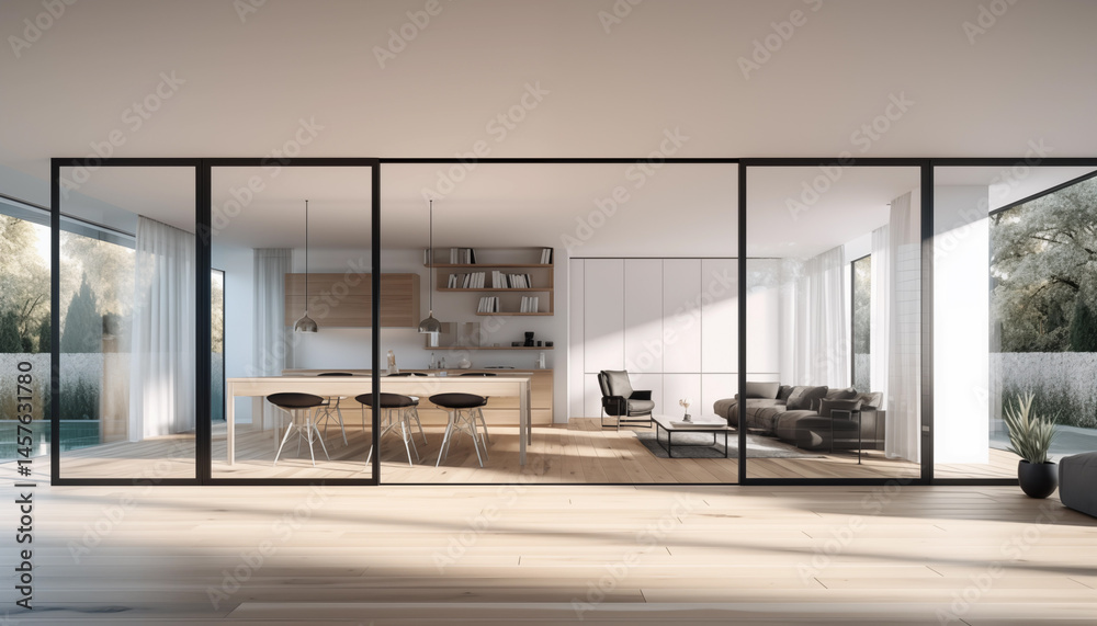 Interior View of Modern House Through Glass Walls Interior View of Modern House Through Glass Walls