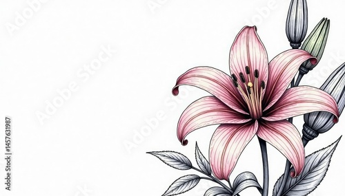 Intricate line art lilies & foliage, monochrome elegance, art, flower