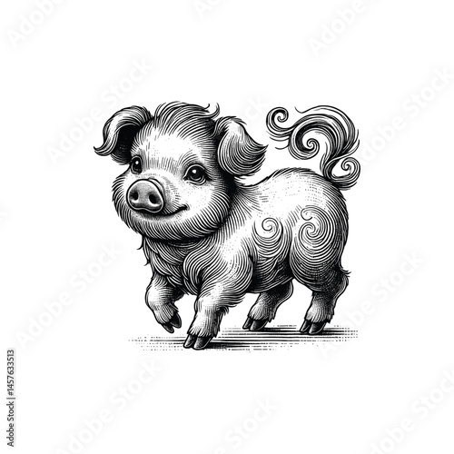 Vintage Cute Pig Illustration - Black and White Line Art, drawn in an engraved, woodcut style with fine details sketch engraving vector illustration. Scratch board imitation. Black and white image. 