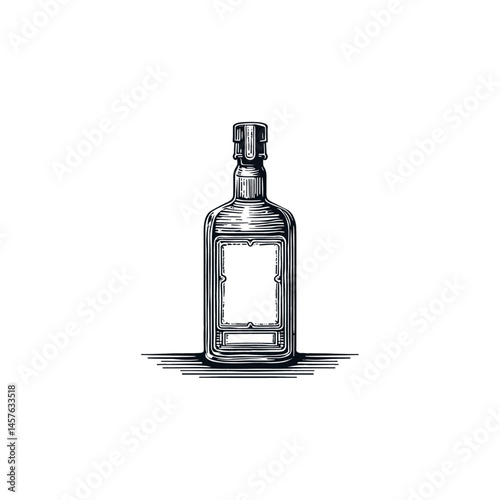 Vintage Whisky Bottle Illustration - Black and White Line Art, drawn in an engraved, woodcut style with fine details sketch engraving vector illustration. Scratch board imitation. 