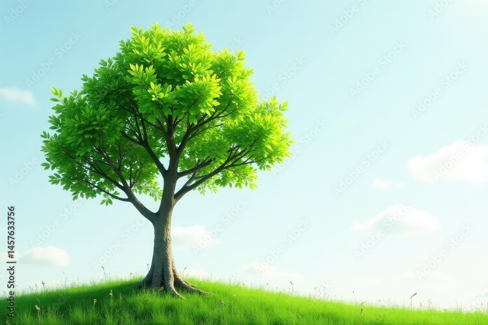 Fototapeta premium Young tree, thin trunk, vibrant green foliage, small, nature, twig