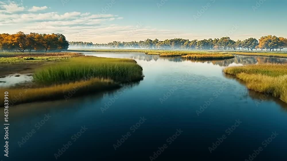 Serene River Landscape with Lush Vegetation and Early Morning Haze Scenery Serene River Landscape with Lush Vegetation and Early Morning Haze Scenery