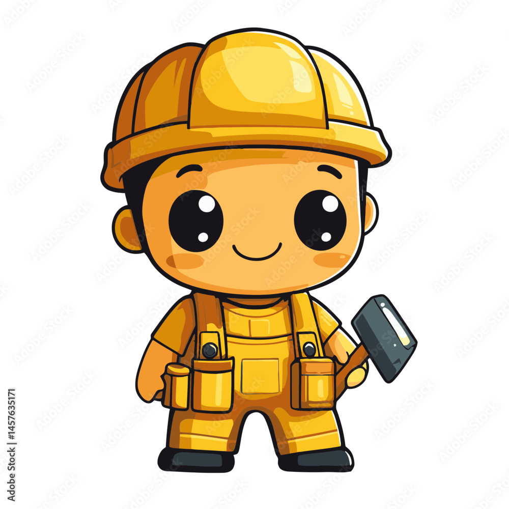 Fototapeta premium Charming kawaii chibi construction worker with a hammer in bright yellow attire showcasing a playful and cute design