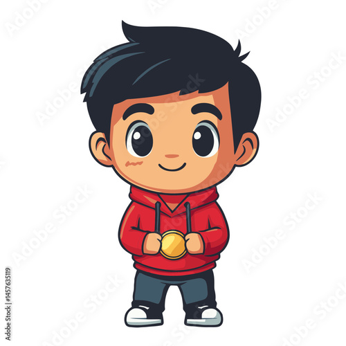 Cute kawaii chibi athlete character icon holding a medal in a cheerful pose designed in vibrant 2D style