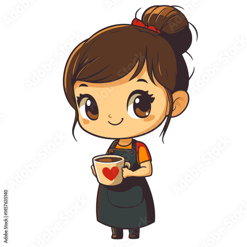 Cute kawaii chibi barista character holding a coffee cup with a heart design in a 2D illustration