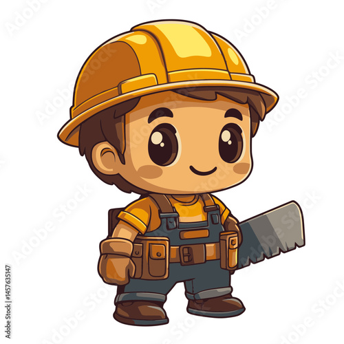 Cute kawaii chibi carpenter character icon with tools in cheerful pose