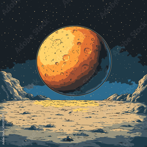 Cratered planet icon depicting a simplified version of a celestial body in a starry landscape