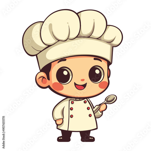 Cute kawaii chibi chef character with a spoon in a playful kitchen setting