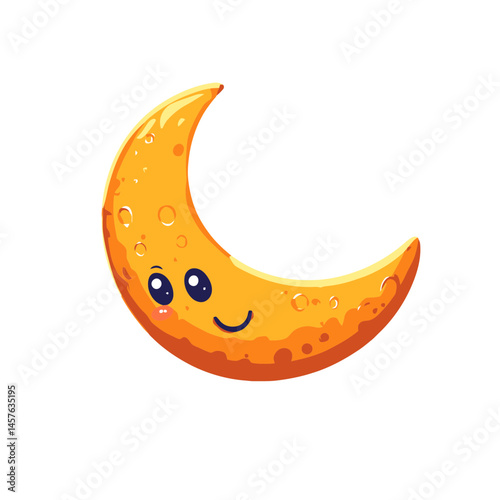 Crescent moon cartoon icon with a smiling face in vibrant colors, perfect for playful designs or thematic projects