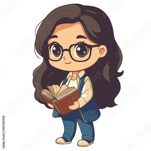 Cute kawaii chibi librarian character holding a book with a charming expression in a 2D design