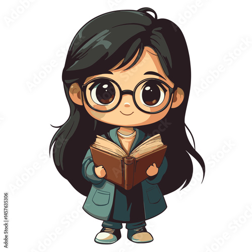 Charming kawaii chibi librarian character icon holding a book in a cozy, warm atmosphere creating an inviting reading space
