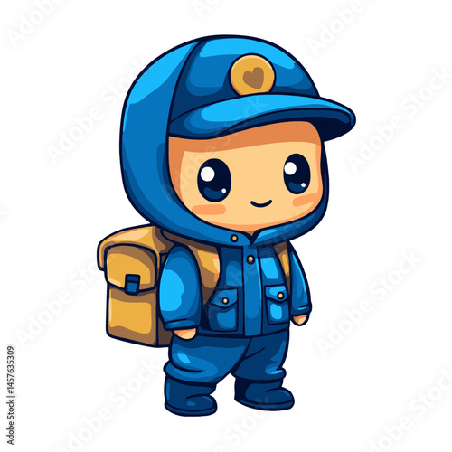 Cute kawaii chibi mail carrier character in blue outfit with backpack ready for delivering letters and packages