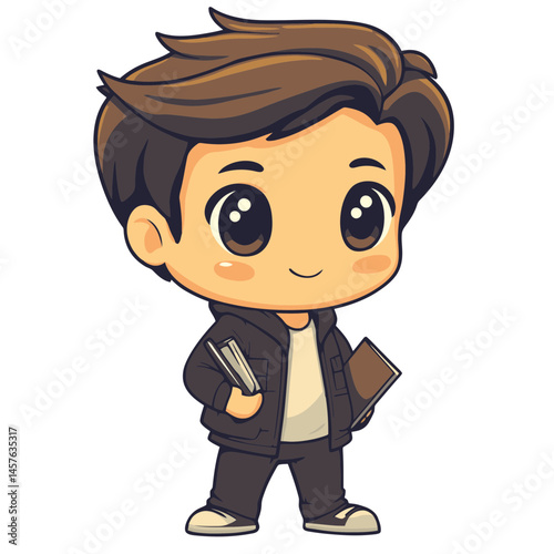 Kawaii chibi character representing a journalist with books in hand, ready to report news in a fun and playful manner