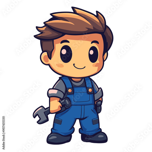 Cute kawaii chibi mechanic character icon designed in 2D style, showcasing playful expression and vibrant colors