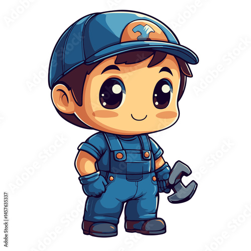 Cute kawaii chibi mechanic character icon showcasing playful charm and creativity in a 2D design ideal for various applications
