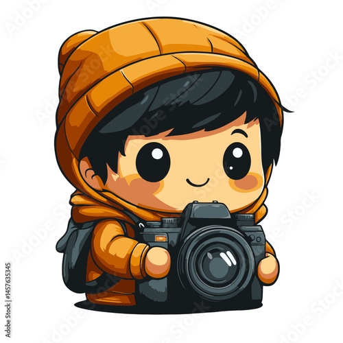 Cute kawaii chibi character with a camera capturing moments in a vibrant and cheerful style