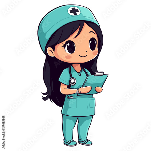 Charming kawaii chibi nurse character in a cute 2d style holding a clipboard in a vibrant healthcare setting