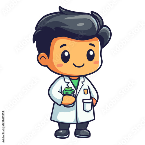Cute kawaii chibi character of a pharmacist holding a green medicine bottle in a cheerful pose