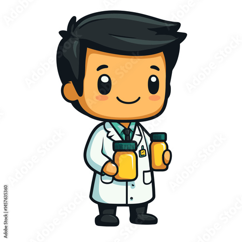 Cute kawaii chibi pharmacist character holding medicine bottles in a cheerful pose