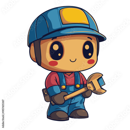 Cute kawaii chibi plumber character icon holding a wrench in a cheerful pose with a blue cap and overalls