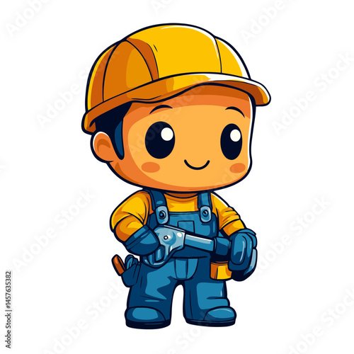 Cute kawaii chibi plumber character icon designed in 2d style with bright colors and cheerful expression for playful illustrations