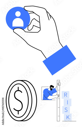 Hand holding user icon, dollar coin symbol, figure measuring blocks labeled RISK. Ideal for management, recruitment, finance, risk analysis, business strategy, minimal design simple landing page