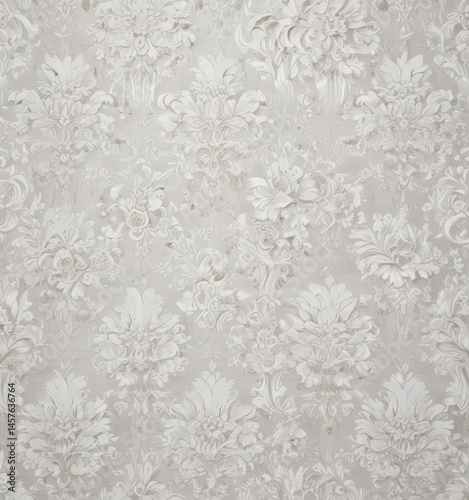 Intricate white damask floral wallpaper, elegant design , shabby chic, image