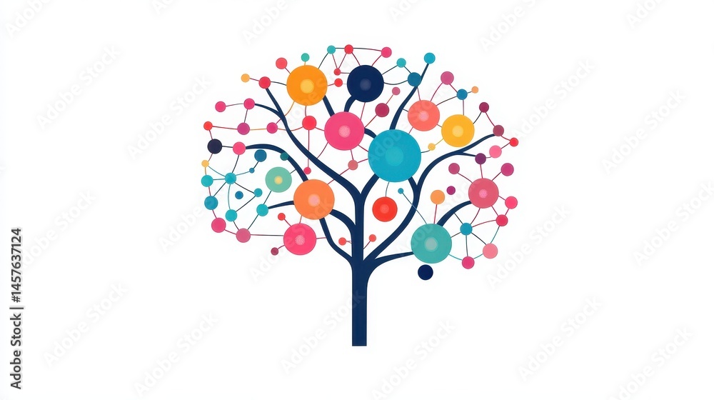 Fototapeta premium A creative mind map chart clipart, brainstorming process element, colorful connected nodes, flat design, isolated on white background.