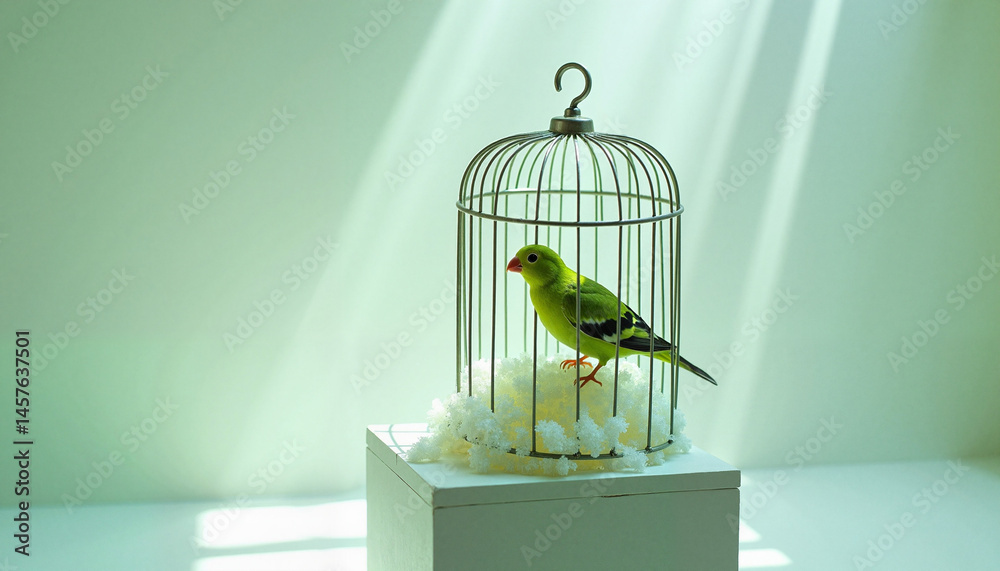 Green bird in cage, celebrating National Pet Day, bright background