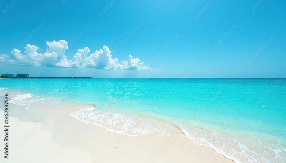 Fototapeta premium Deep teal sea meets white sandy shore under a clear blue sky , clear, day, coast