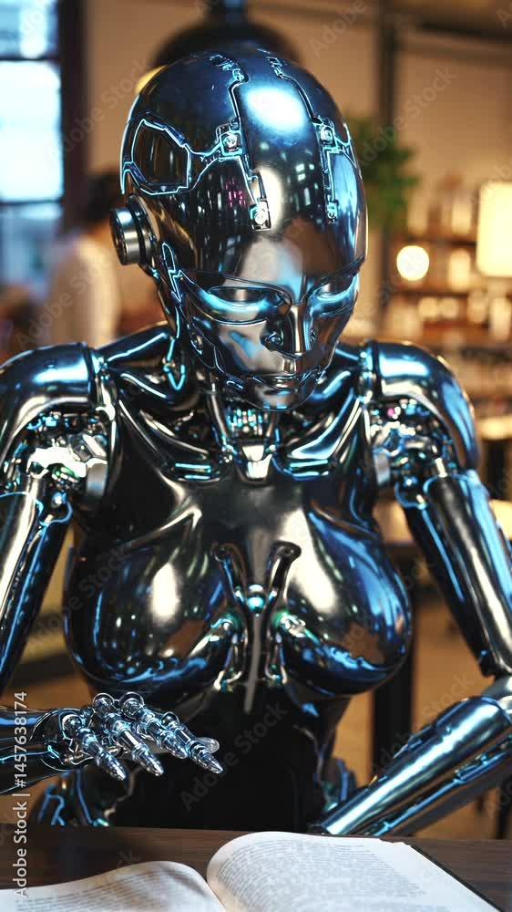 Chrome robotic female studying digital book, metallic fingers gently turning pages, processing information with advanced AI in quiet library environment