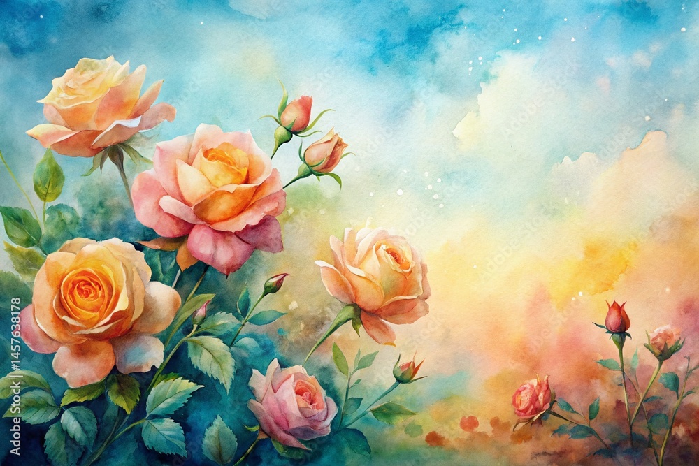 Obraz premium Apricot & Sky Blue Roses: Charming Watercolor Field Vignette - High-Resolution Stock Photo