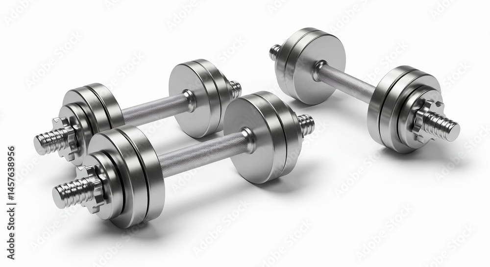 Dumbbell set isolated on white, metallic texture, clean and realistic, perfect for fitness and gym stock photos. Dumbbell set isolated on white, metallic texture, clean and realistic, perfect for fitness and gym stock photos.