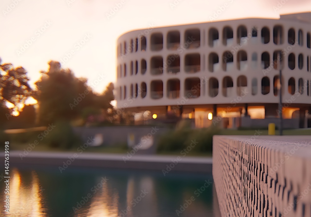 Obraz premium Warm Sunset Illuminating Modern Architectural Building by a Tranquil Lake