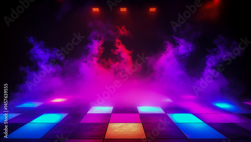 A dark, black backdrop illuminated by neon lights and swirling smoke, with a vibrant dance floor featuring square tiles and fog machine effects creating an atmospheric light show. © MDOMAR