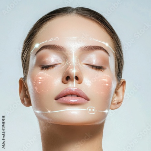 A woman with closed eyes and digital facial scan lines, representing beauty technology and skin analysis.