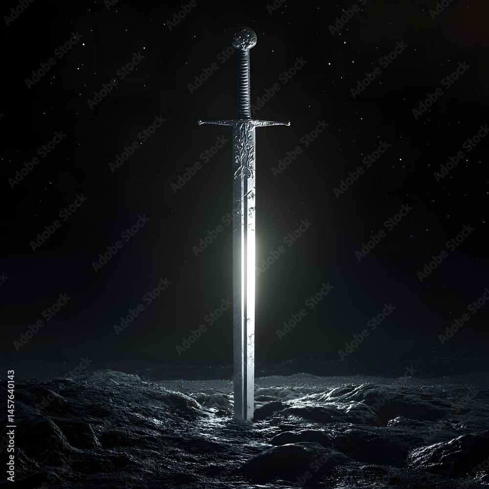 Naklejka premium A gleaming sword, bathed in light, stands in the dark