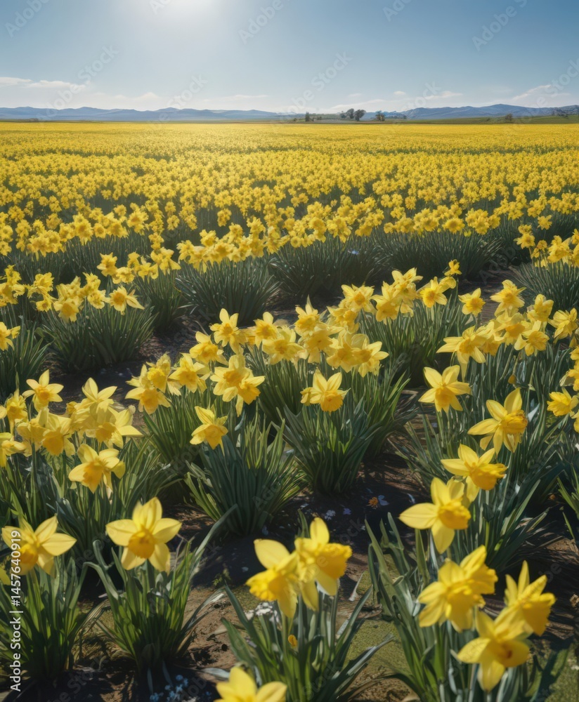 Fototapeta premium Expansive field of daffodils bathed in sunlight, clear blue sky backdrop , texture, day