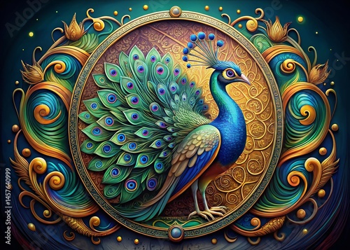 Art Nouveau Peacock: Luxurious Bird with Open Tail in Round Frame - High-Resolution Stock Photo