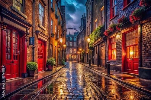 Atmospheric Low Light London Cobblestone Street with Red Doors