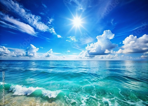Azure Sky Brightens Ocean Horizon: Stunning Sunny Day Seascape Stock Photo
