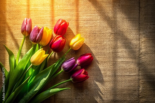 Backlit Tulip Silhouette Flat Lay: Neutral Hues & Soft Textures on Burlap