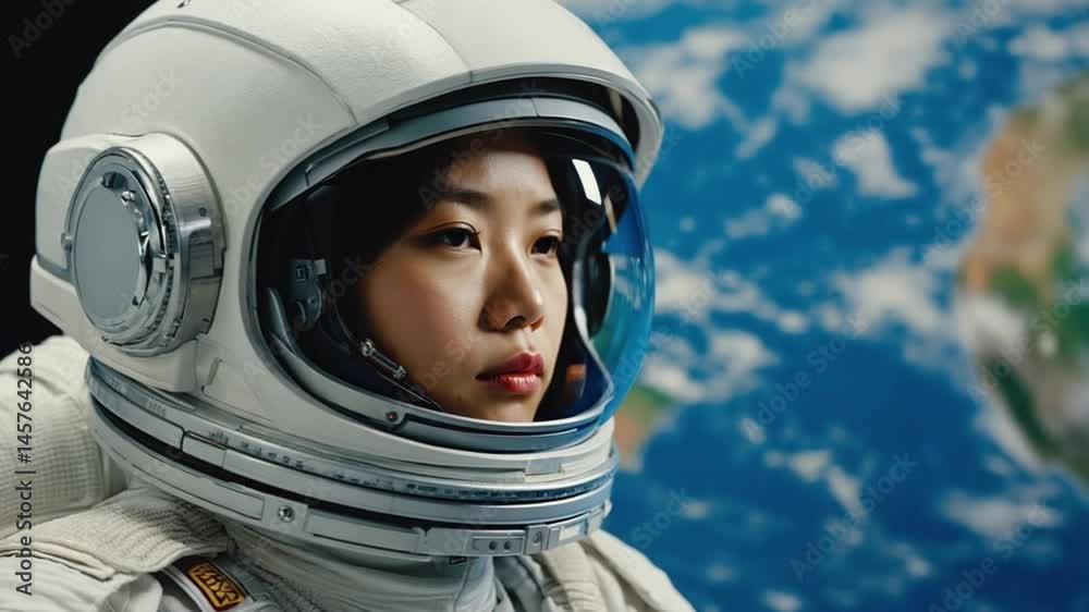 Thoughtful animation of a female astronaut with the reflection of Earth visible in her helmet visor. Ideal for space and reflection visuals.