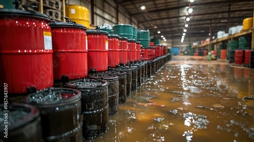 Flooded Warehouse with Chemical Drums