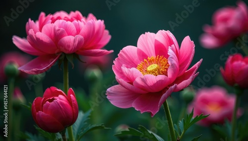 Bold blossoming peonies & poppies, vibrant hues on dark ground , home decor, floral tapestry, poppies