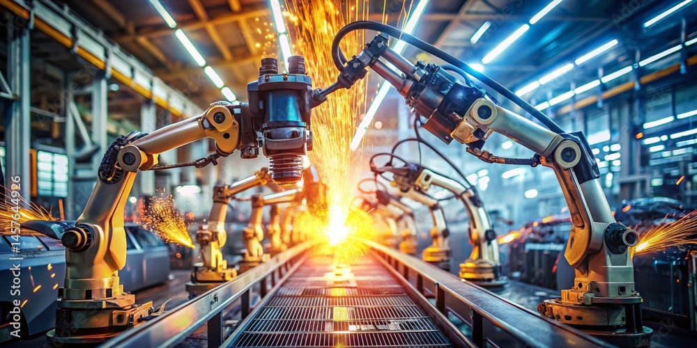 Blurred Background Robotic Automotive Assembly Line, Industrial Automation, Factory Production, Manufacturing Technology, High-Tech Robots Blurred Background Robotic Automotive Assembly Line, Industrial Automation, Factory Production, Manufacturing Technology, High-Tech Robots